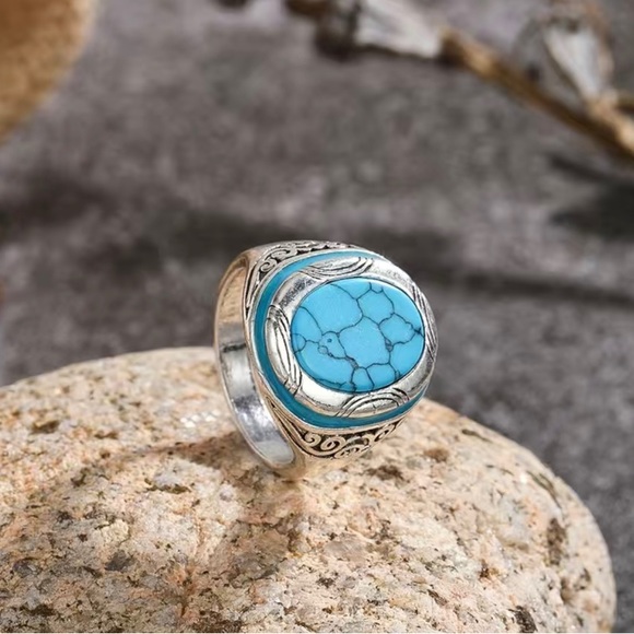 Blue Turquoise Color Stone Stainless Steel Ring - Picture 3 of 7
